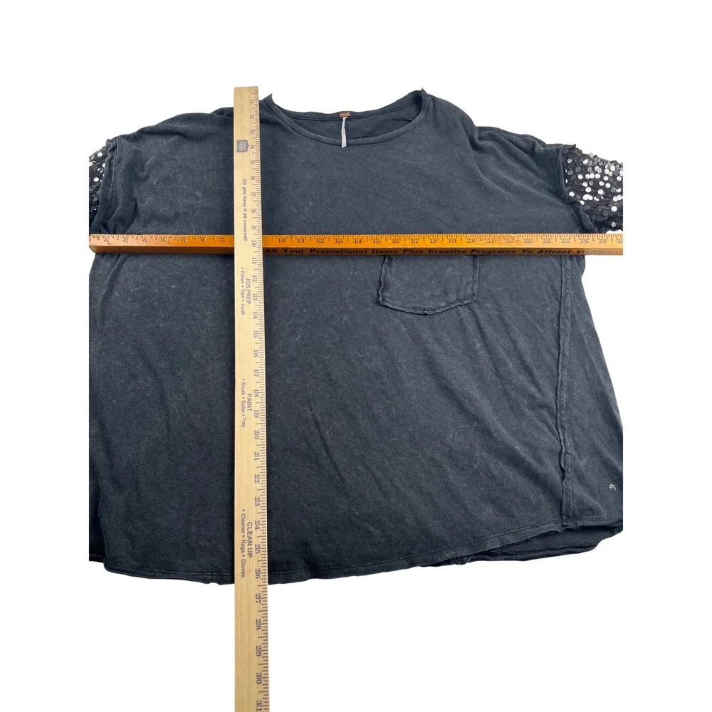 Free People Celine Sequin Sleeve Tee Charcoal Grey Washed Cotton Top OB1403341 M - Picture 8 of 9